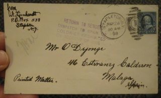 May 24 1898 Stapleton York To Malaga Spain - Returned - Spanish American War