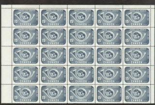 Stamps Canada 372,  15¢,  1957,  1 Block Of 25 Mnh Stamps.
