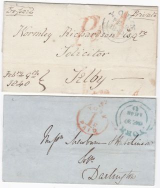 1840/8 2 Diff York 1d Paid Uniform Penny Post Wrappers To Selby & Darlington