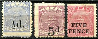 Fiji 1892 1/2d & 5d Surcharges,  Sg 72 - 74a,  Hinged,  Cv £180