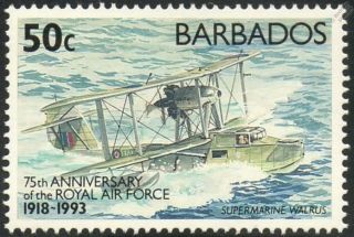 Supermarine Walrus Seaplane/raf 75th Anniversary Aircraft Stamp (1993 Barbados)