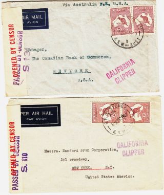 Australia 2x Transpacific Clipper Censored Airmail Covers To Us 1940