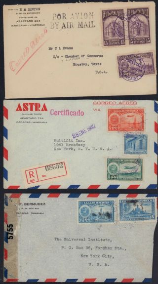 Venezuela 1939 Airmail Cover Lot X 3 Usa Post Office Monument Airplane Censored