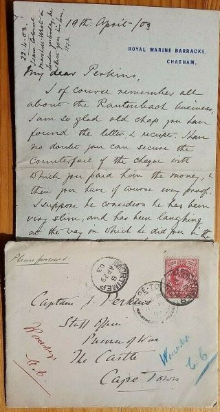 1903 Royal Marine Barracks Cover & Letter To Boer Prisoner Of War Camp Cape Town
