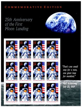 Us 2841 25th Anniversary Of The 1st Moon Landing - Pane Of 12 Cv$10.  50 (esp 135)