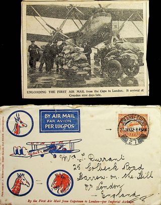 South Africa 1932 Capetown To England Flight Cover With Newspaper Cutout,  Letter