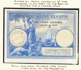 Southern Rhodesia 3d Imperial Reply Coupon Vfu Handstamped Dated 6.  Oct.  54 - Nh/um