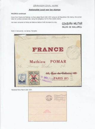 Spanish Civil War,  1937 Censor Cover Port Pollensa To Paris