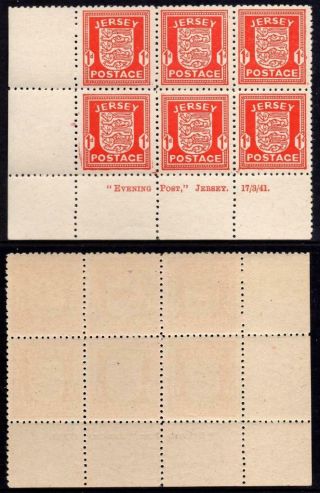 Jersey Mnh 1941 1d Scarlet Block Of 6 On Grey Paper