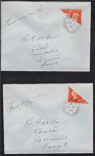 1940 Centenary 2d Orange Bisects - Them On Plain Covers - Guernsey Cds