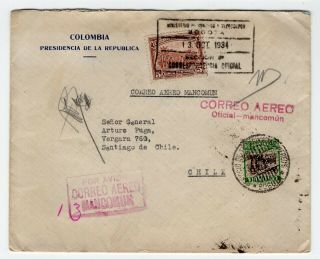 Colombia 1934 Airmail To Chile " Correo Mancomun " Presidential Cover