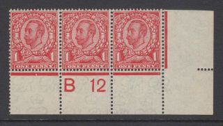 Block Of 3 Gb Kgv 1d Scarlet Sg350 Control B12 George V Hinged Downey Stamp