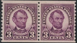 Scott 600 - Mnh Coil Pair - 3c Lincoln - Rotary,  Perf 10 - 1923 - 29 Stamp