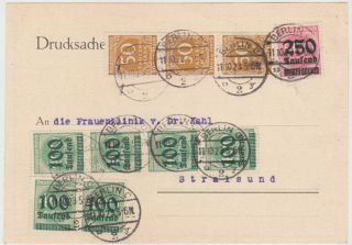 Germany Dr 1923 (11.  10. ) Inflat.  Print.  M.  Pc Franking Berlin To Stralsund (corr.  Rate)