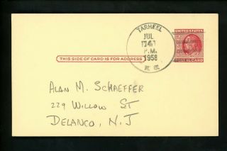 Us Postal History Ux38 Card 1958 Tarheel Nc Dpo ? To Delanco Nj