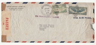 1940 Usa To India Cover Via Transatlantic Clipper With Censor Cancellation C.  A