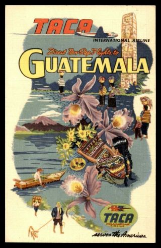 Guatemala Taca Airlines Linen Advertising Postcard