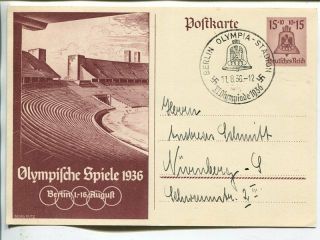 Olympics Berlin 1936 15pf Postal Card With Special Cancel Olympia - Stadion