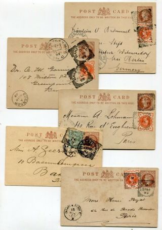 Uk Squared Circle Postmarks Lot 1882 - 1899 Uprated Stationery Postcards X 5 -