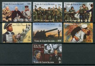 Turks & Caicos 1995 Mnh Wwii Ww2 Ve Day World War Ii Churchill 7v Set Stamps