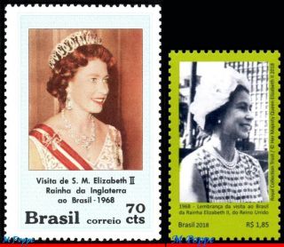 1105,  18 - 11 Brazil 1968 And 2018 Visit Of Queen Elizabeth Ii (uk) To Brasil,  Mnh