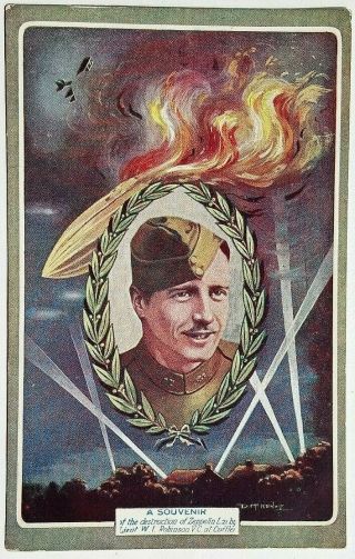 1916 Colour Picture Post Card Leefe Robinson Victoria Cross Shoots Down Zeppelin