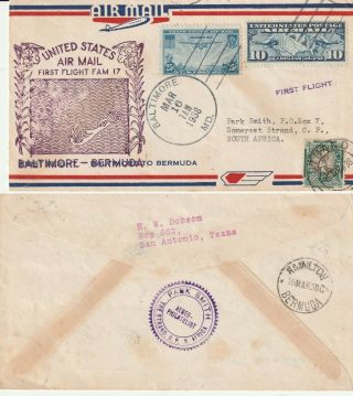 Us 1938 Pan Am Fam 17 First Flight Flown Cover Baltimore To Bermuda To S Africa