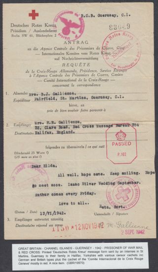 Guernsey German Red Cross Occupation Message; Pow; Channel Islands 1942