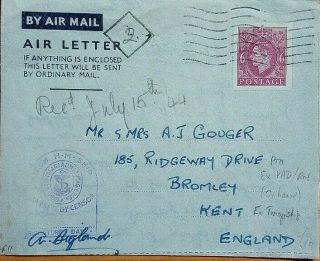 1944 British 6d Air Letter Dumb Cancel Royal Navy Censor Volunteer Ambulance