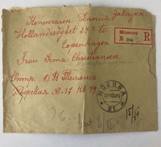 Russia.  1922.  Reg.  cover to Denmark 2