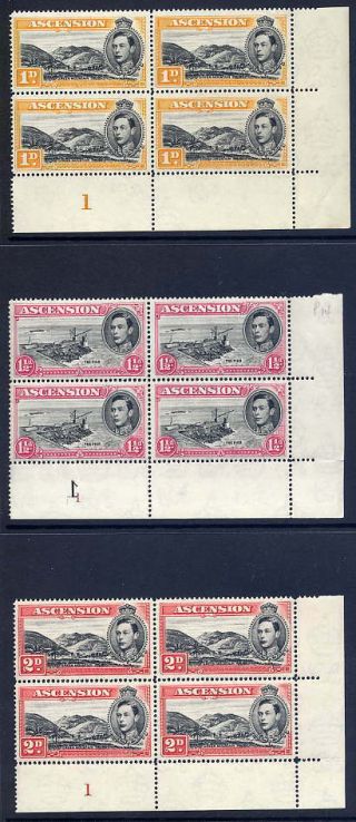 Ascension 1938 - 53 Kgvi Defin 1d,  1½d & 2d Corner Plate Blocks Of Four Fine U/m