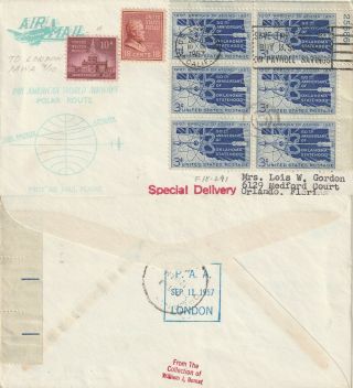 Us 1957 Pan Am Polar First Flight Flown Air Mail Cover Los Angeles To London S