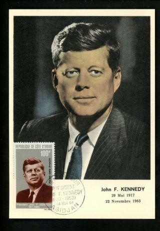 Postal History Fdc Ivory Coast C29 John F.  Kennedy Jfk 1964 Maximum Card
