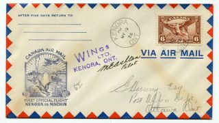 Canada Airmail - Kenora 1936 Ffc Cover To Machin - Pilot Signed - First Flight