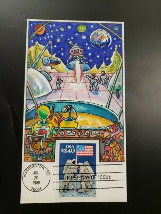Another Us Fdc 1989 $2.  40 Moon Landing Hand Painted Adams Cachet Space Aliens