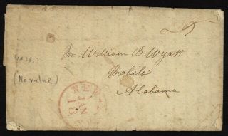 1838 Us Stampless Folded Letter W/red - York Pmk To Mobile,  Alabama