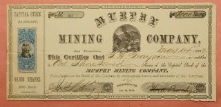 Revenue 1872 Murphy Mining Co Stock Certificate San Francisco Ca 125332