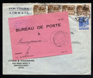Indonesia - 1957 Jakarta Airmail To Usa,  Bureau De Poste Label Attached.