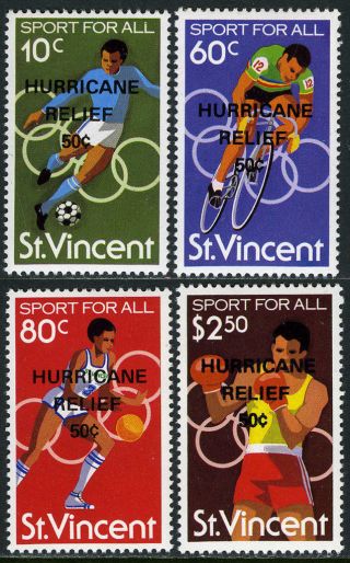 St Vincent B5 - B8,  Mnh.  Soccer,  Boxing,  Basketball.  Ovptd.  " Hurricane Relief ",  1980