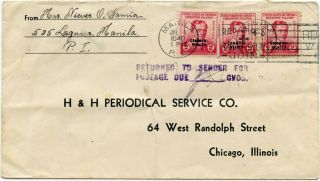 Philippines 1940 Cover W/ " Returned To Sender For Postage Due.  Cvos.  " H/s