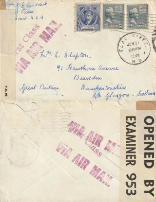Us 1940 Wartime Censored Flown Cover Flat River Mo To Glasgow Scotland