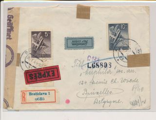 Lk53096 Slovakia 1944 Censored To Brussels Registered Cover