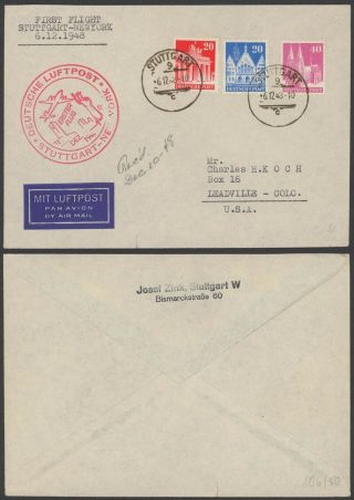 Germany 1948 - 1st Flight Air Mail Cover Stuttgart York Usa 30259/2
