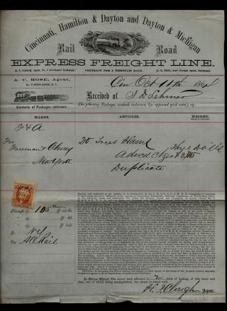 1864 Civil War Document - Cincinnati,  Hamilton & Dayton Railroad With Revenue