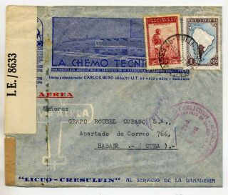 Argentina 1943 Wwii Airmail Cover To Havana Double Censored Including Trinidad