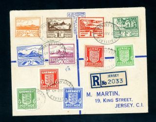 Jersey 1945 Registered Cover 11 Occupation Stamps (jy553)