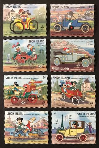 St Vincent Union Island Disney French Vehicles Stamps Set 1989 Mnh Peugeot Auto