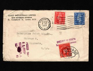Opc 1949 Gb Kgvi To Usa Postage Due Customs Harris Dixon Perfin " H/d " 37035
