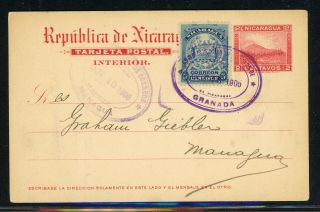 Nicaragua Postal History: Lot 36 1905 Uprated Pc Granada - Managua $$$
