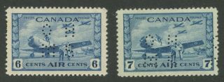 Canada 1942 Air Mail 6c & 7c Blue 4 Hole Ohms Perforated Oc7,  Oc8 Vf Mnh
